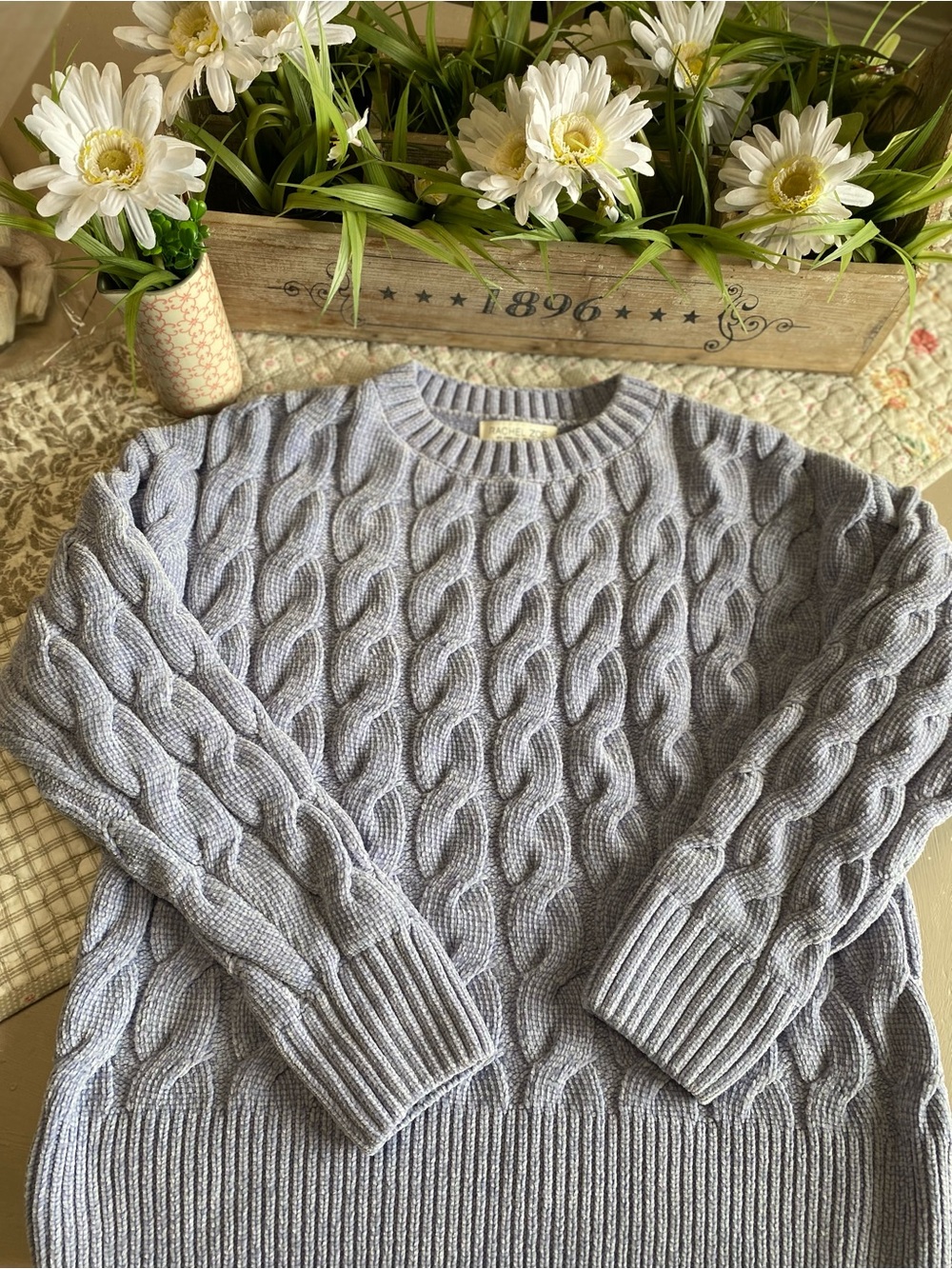 Rachel Zoe Light Blue Cable Knit Crewneck Sweater